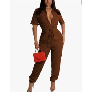New Brown Short Sleeve Wide Leg Jumpsuit XL